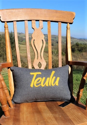 Teulu - Grey Wool cushion with text in Mustard