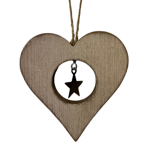 Wooden Heart with Metal Star Christmas Decoration