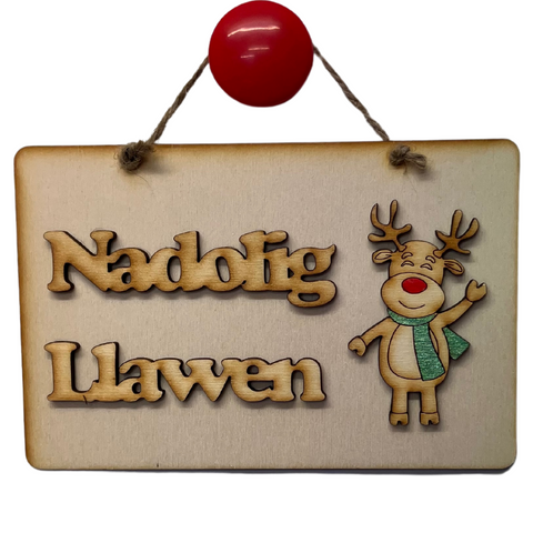 Wooden 'Nadolig Llawen' Plaque with Rudolph