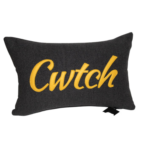 Grey Wool cushion with Cwtch in Mustard