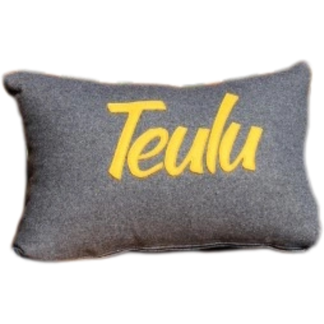 Grey Wool cushion with Teulu in Mustard