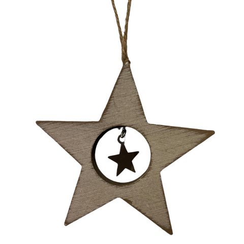 Wooden Star with Metal Star Christmas Decoration