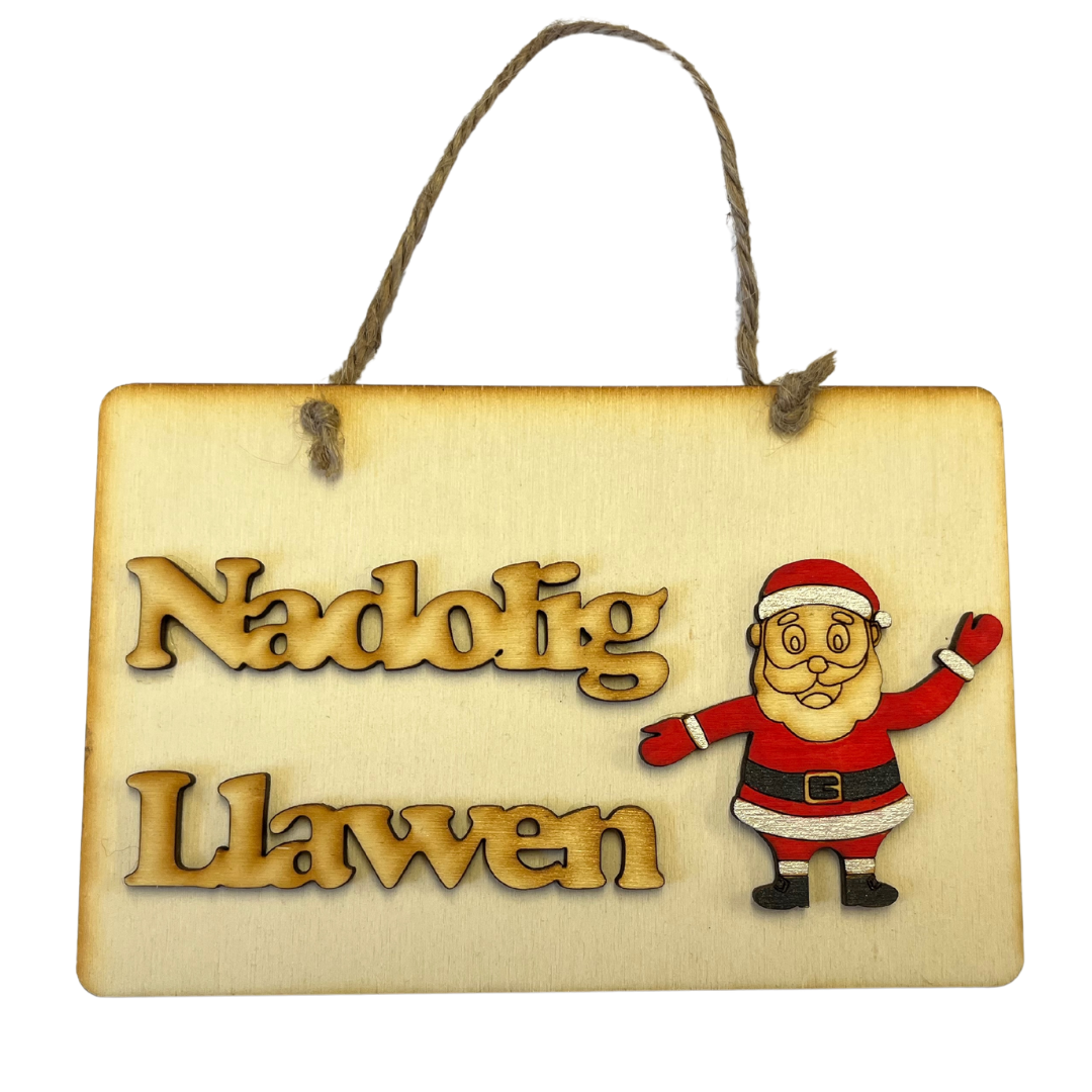 Wooden 'Nadolig Llawen' Plaque with Santa