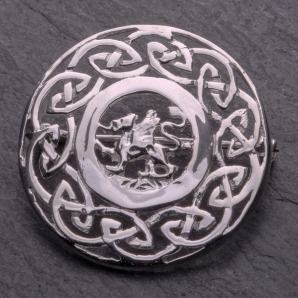 Round Welsh Dragon Brooch - Sterling Silver