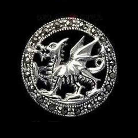 Round Marcasite Welsh Dragon Brooch - Sterling Silver