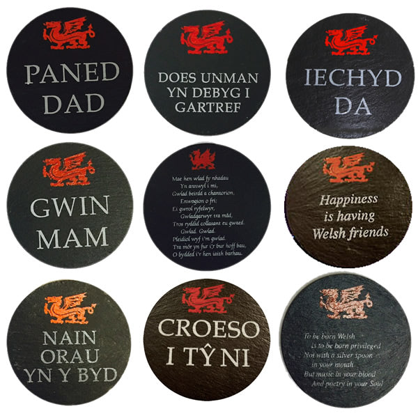 Slate Coasters with Messages - Iechyd Da (Cheers)