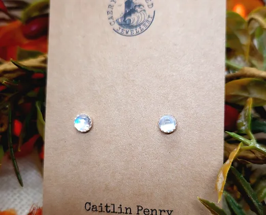 Rainbow Moonstone Gemstone Stud Earrings - Sterling Silver, Handmade