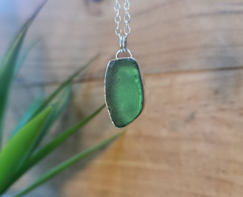 Green Seaglass Necklace - Sterling Silver, Handmade